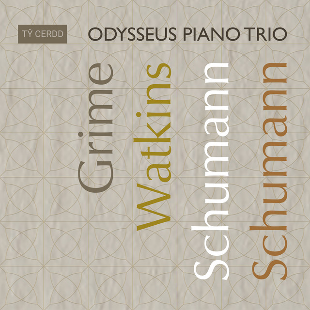 Odysseus piano trio album cover, with composers Grime, Watkins, Schumann, and Schumann listed